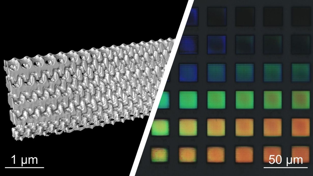 Electron microscopic reconstruction of a 3D nanostructure printed with the 2-step absorption process (left) and light microscopy (right).